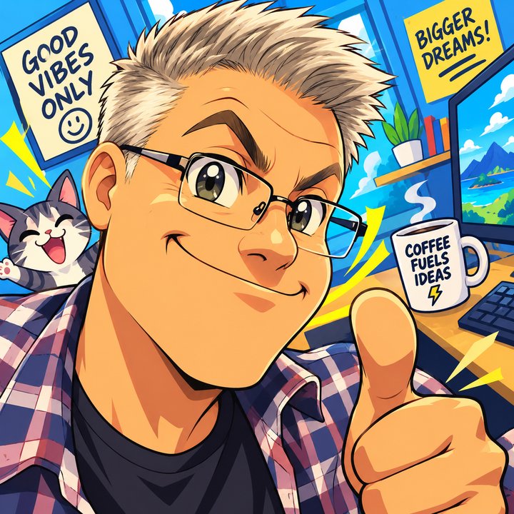 Anime-style portrait of Andrew Paton giving a thumbs up at his desk