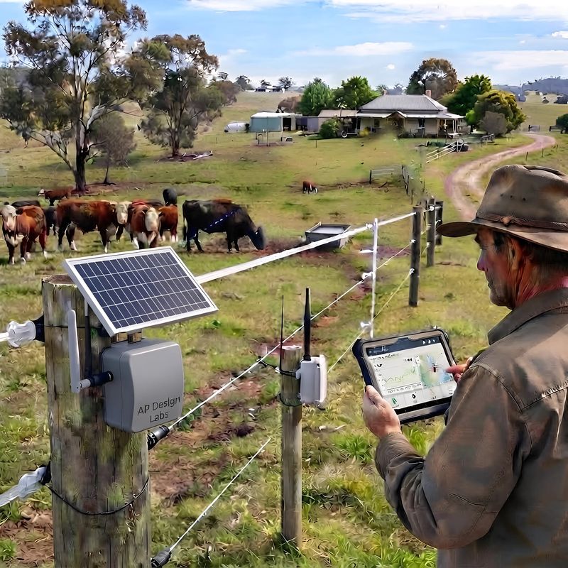 A solar-powered monitoring box on an electric fence post, with a farmer checking a tablet and cattle grazing beyond.
