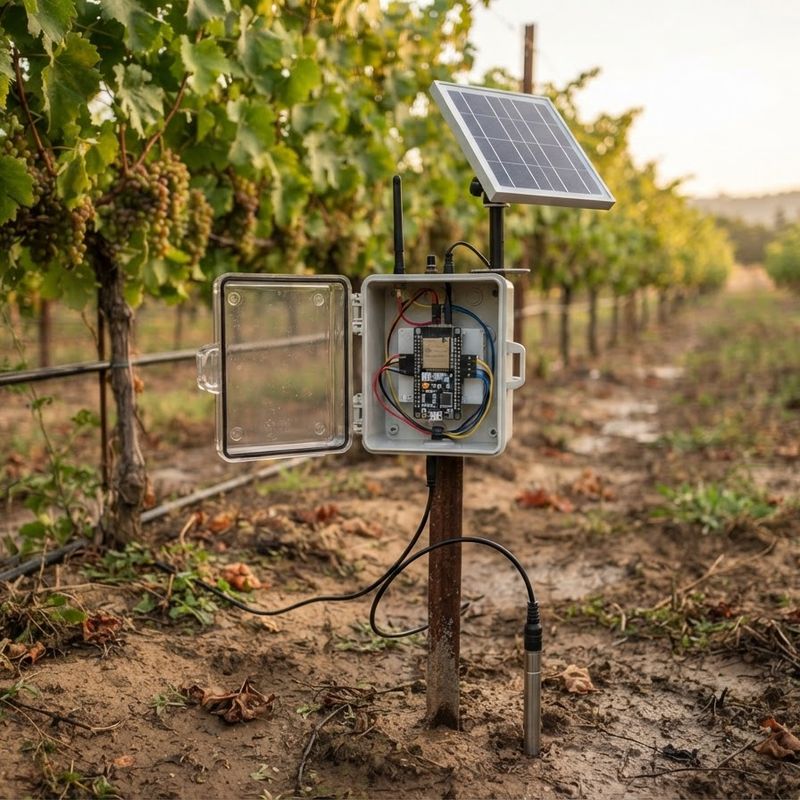 A weatherproof box on a post in a vineyard row, with an ESP32 LoRa board inside, a small solar panel on top and a soil probe in the ground.
