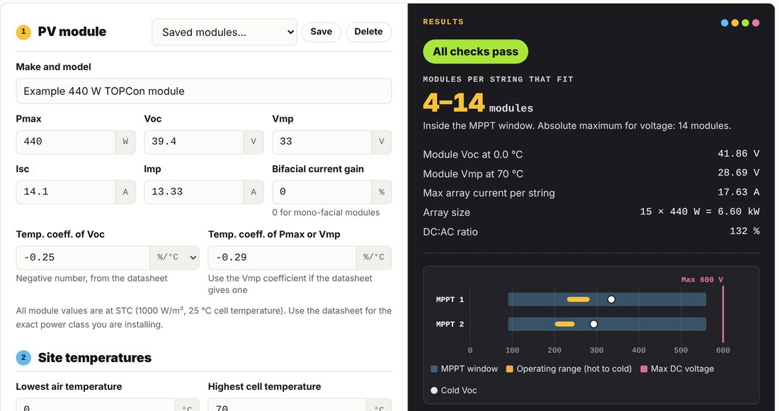 PV String Sizing Calculator: module data entry on the left, and a results panel showing all checks pass, 4 to 14 modules per string, and a chart of each MPPT input against the inverter's voltage window.