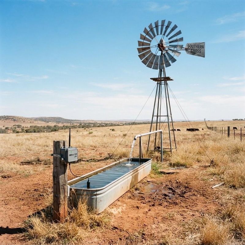 A water level sensor on a fence post beside a stock trough, with a windmill and cattle in a dry paddock behind.